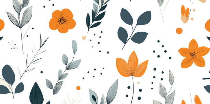 Fototapeta A seamless floral pattern featuring leaves and flowers is presented in a hand-drawn Scandinavian style, incorporating garden plants and abstract circular elements, suitable for modern fashion textile