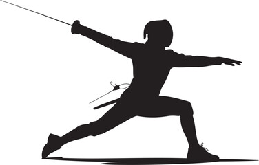 Fencer in aggressive lunge pose with sword extended