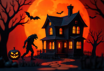 Spooky Halloween Night A Werewolf's Haunting Encounter at the Eerie House