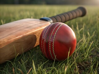 A close up of a cricket ball and bat resting on green grass in a field on a sunny day outdoors game play