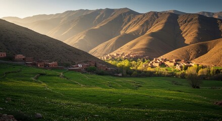 Meadow in Morocco&rsquo;s Atlas Mountains with Berber village view