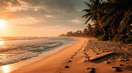 Early morning light glows over a serene tropical beach with palm trees, gentle waves, and a surfboard resting on smooth golden sand.