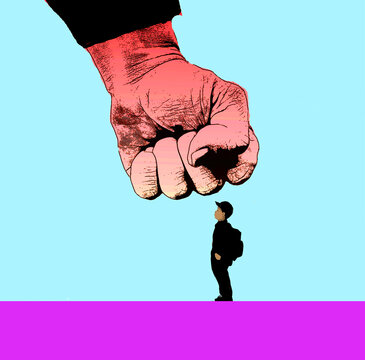 Schoolboy facing a giant fist illustration