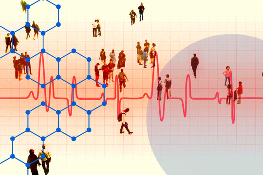People and heartbeat graph with hexagons illustrating health statistics