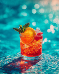 Vibrant tropical cocktail with orange slices, mint, cherries, and ice served poolside in bright sunlight, reflecting a refreshing summer vibe.