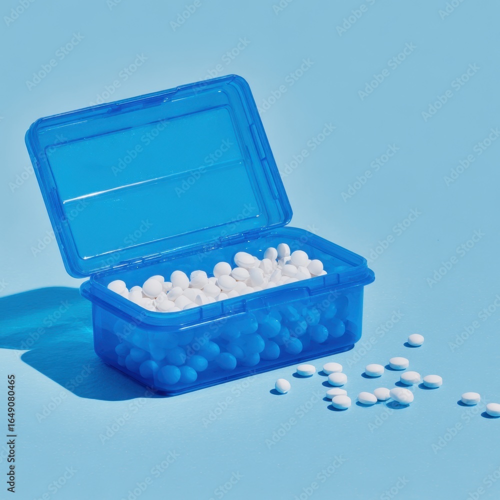 Poster an open blue container filled with numerous small, white, round objects sits on a solid, light-blue 