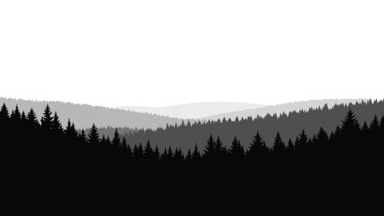 Monochrome Forest Silhouette Landscape with Layered Trees and Hills Calm Nature Background for Graphic Design