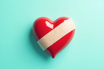 Red heart with bandage on blue background represents healing