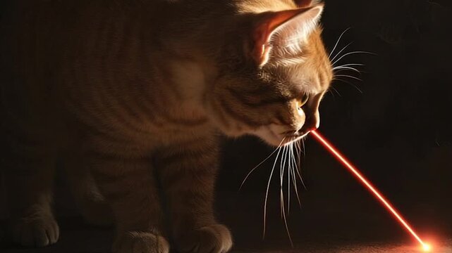 Ginger cat intently focused on a red laser pointer