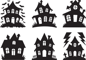 Spooky Halloween haunted houses silhouettes with bats, lightning