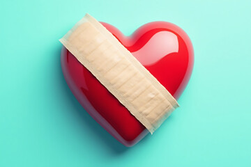 Red heart with bandage on turquoise background, a symbol of healing