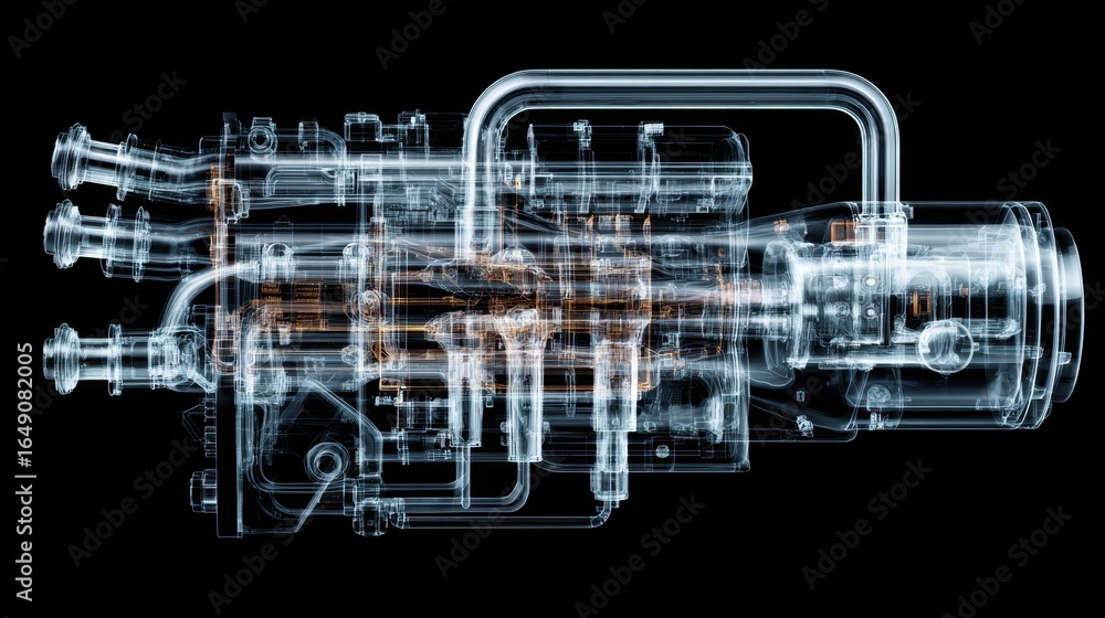 Poster transparent view of a complex mechanical engine showcasing intricate internal components and design 