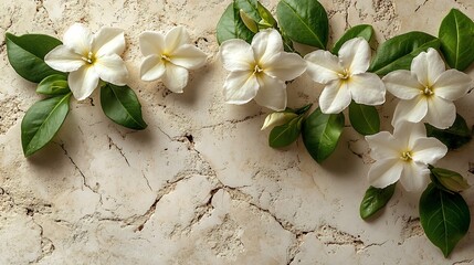 Jasmine flower arrangement on a textured stone table each flower perfectly white with gentle green leaves natural light casting soft shadows evoking elegance and purity