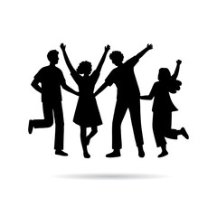 A dynamic vector illustration depicts a group of diverse business people silhouettes in various poses, including dancing and walking, showcasing evolution and movement