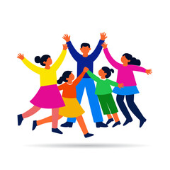 Joyful silhouettes of a diverse group of people dancing, jumping, and having fun together