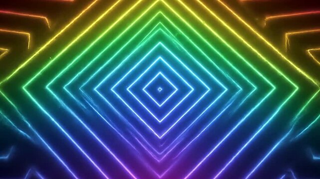 Dynamic Neon Rainbow Glow Abstract Tunnel Loop with Concentric Geometric Squares and Vibrant Gradient Colors Perfect for Futuristic Backgrounds Events and Concer