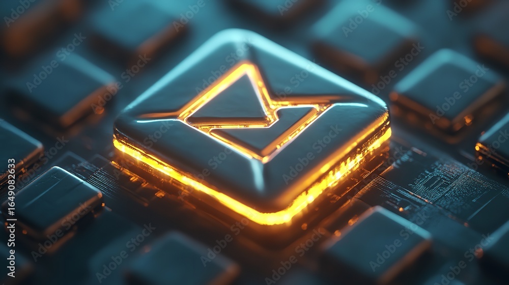 Poster a glowing square logo with an arrow inside on a dark blue background with other squares around it