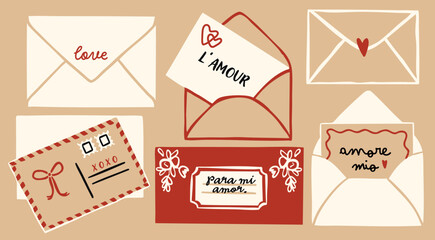 Different postal cards and envelopes. Set of love letters. Hand drawn modern Vector illustration. Isolated design elements. Message, Valentines day card, romantic mailing concept