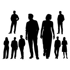 Vector illustration of a business team, a family, and a group of friends standing as black silhouettes