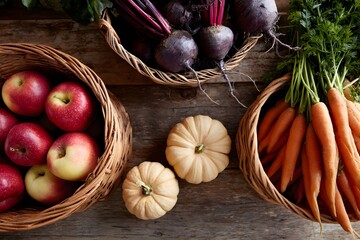 Rustic wooden table with late harvest fruits and vegetables Generative AI