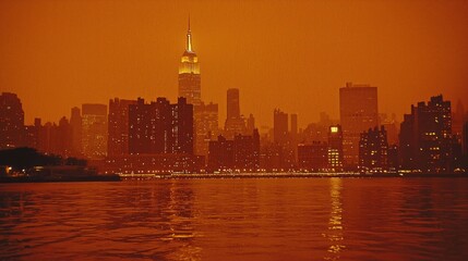 Manhattan Skyline at Dusk: A Hazy Orange Panorama