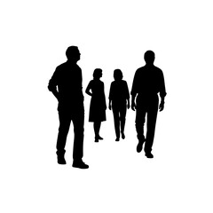 Black vector silhouettes of a walking group of business people, a family, and a couple with children