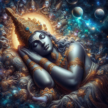 La deidad hind&uacute; Vishnu durmiendo en el cosmos.