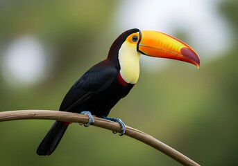 Close-up of a Toucan perched on a branch in a jungle setting.