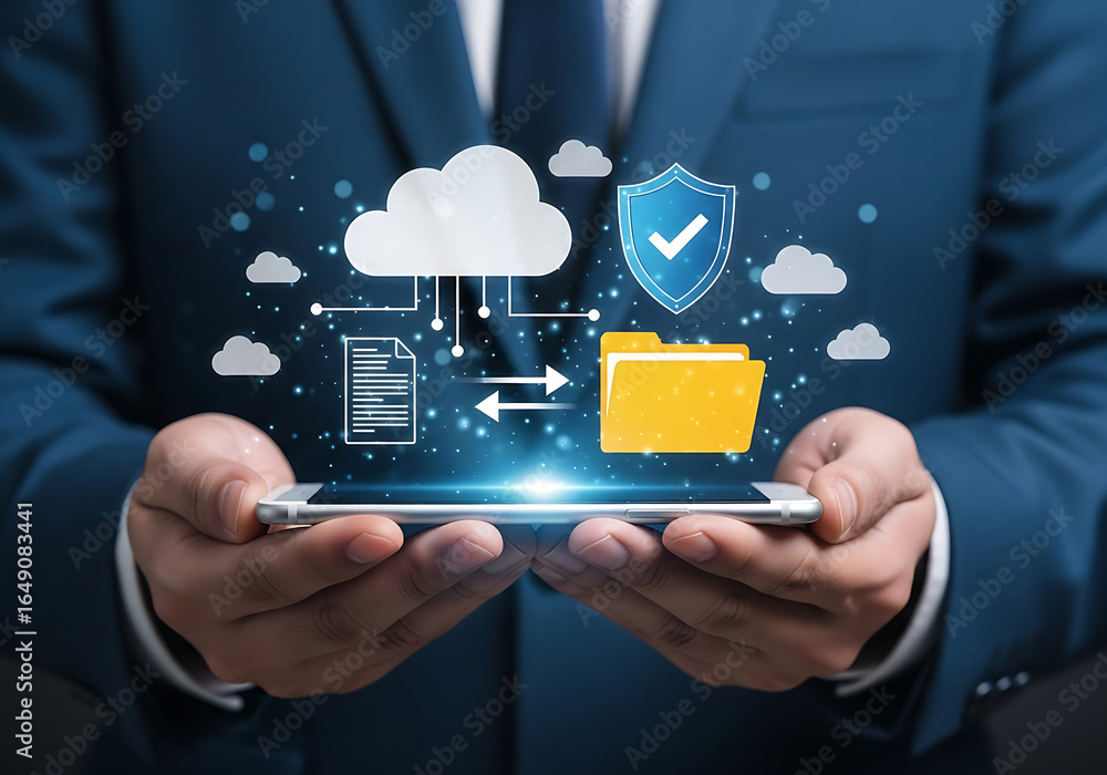 Poster businessman holding a smartphone displaying cloud computing, data transfer, and security shield icon