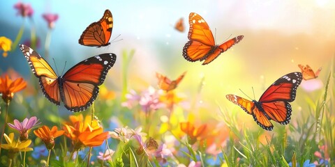 Soft wind blowing five butterflies through colorful scenery, photorealistic Stock photo