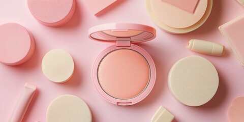 Softly lit flatlay of K-cosmetic compact, creamy peach tone, Hangul inscription and English side note Stock photo
