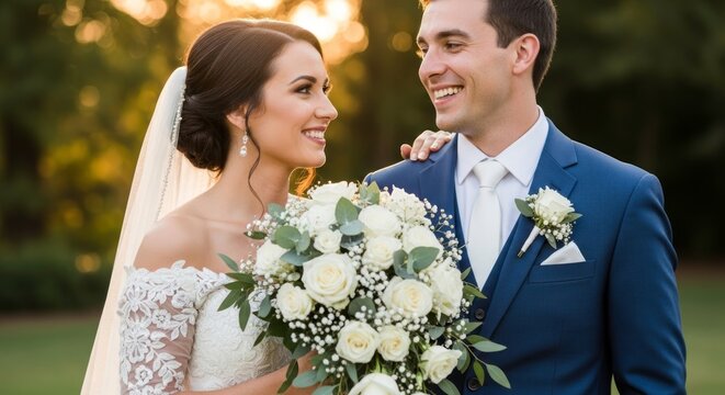 Smiling Bride and Groom Gazing at Each Other on Wedding Day