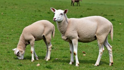 Obraz premium Peaceful Cream Sheep and Lamb Grazing in Lush Green Pasture