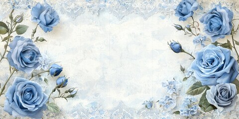 Square tile pattern with blue roses and delicate lace embellishments Stock photo