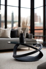 Fototapeta premium Sculptural matte black coffee table enhances modern living room aesthetic