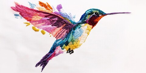Obraz premium Stitched embroidery hummingbird with floating illusion, bright color palette on white fabric Stock photo