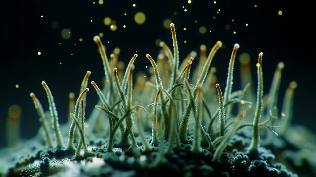 Abstract Macro Shot of Growing Microscopic Organisms with Dark Background and Bokeh