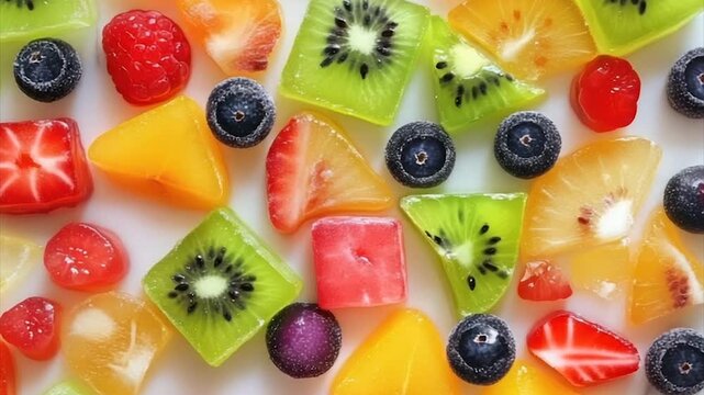 Colorful fruit slices in geometric shapes on a white surface