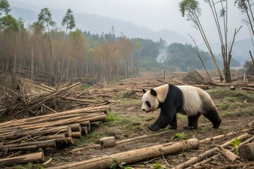 Obraz premium Giant Panda Walking in Deforested Area Showing Habitat Loss and Environmental Issues