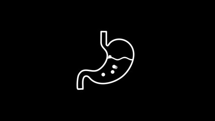 Outline icon of a stomach with white pills on black background