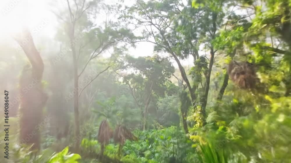 Aufkleber lush green forest with sunlight filtering through trees creating a dense and tropical ambiance with 