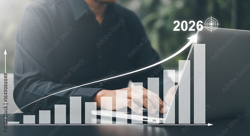 Poster businessman working on a laptop with a rising bar graph and line chart projecting future growth and 