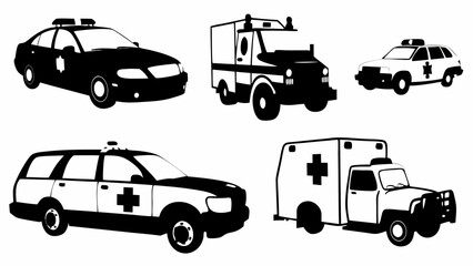 Fototapeta premium Illustration showing a collection of emergency vehicles including ambulances and a police car design art silhouette