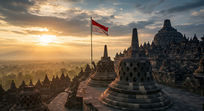 A breathtaking sunrise bathes the ancient Borobudur temple, a majestic and spiritual landmark in Indonesia, revealing its intricate stupas and mystical landscape.