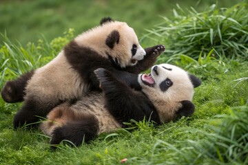 Fototapeta premium Two Giant Panda Cubs Play Fighting in Lush Green Grass Adorable and Playful