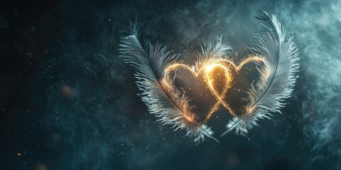 Surreal twin feather hearts glowing with gold core, silver mist gently suspended around dark background Stock photo