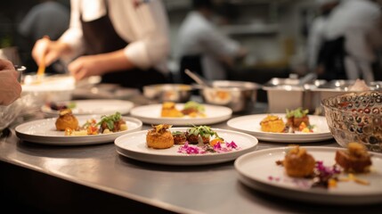 Several plates of prepared food are arranged on a counter, ready to be served, with a chef in the background.