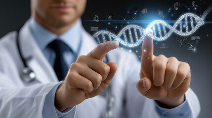 Healthcare professional interacts with digital DNA strand, showcasing advanced biotechnology and medical innovation