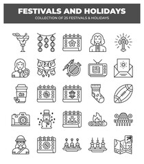 Collection of 25 Festivals and Holidays. Line Icons
