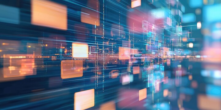 Transparent interface panels floating over soft abstract tech blur Stock photo